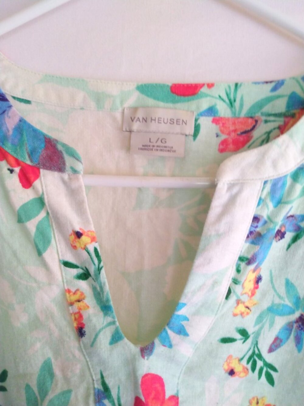 Van Heusen Mint Floral Linen-Blend Top Blouse Shirt L Boho Chic Resortwear - Picture 3 of 5